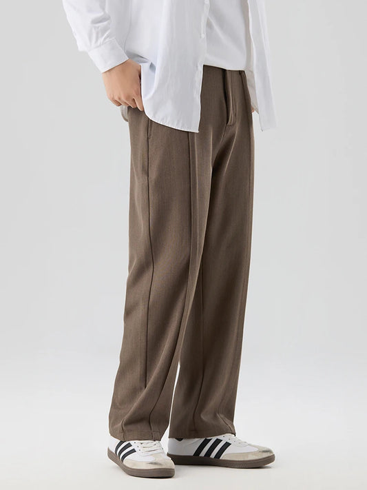 2026 New Korean Men's Casual Pants Banded Waist Stretch Semi-Wide Pleated Suit Slacks Straight Loose Draped Trousers