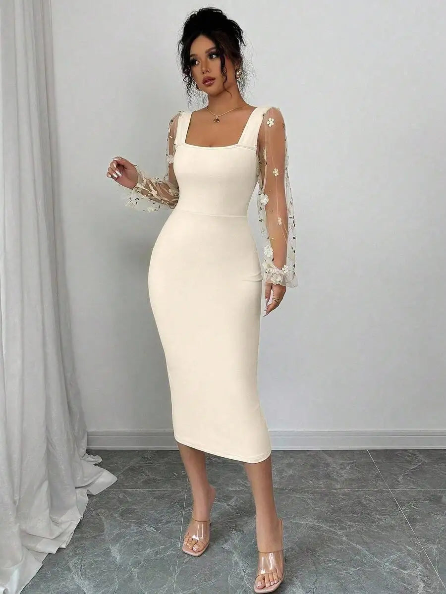 Square Neck Knit Bodycon Dress with Floral Mesh Sleeves, High Elastic & Tummy Control