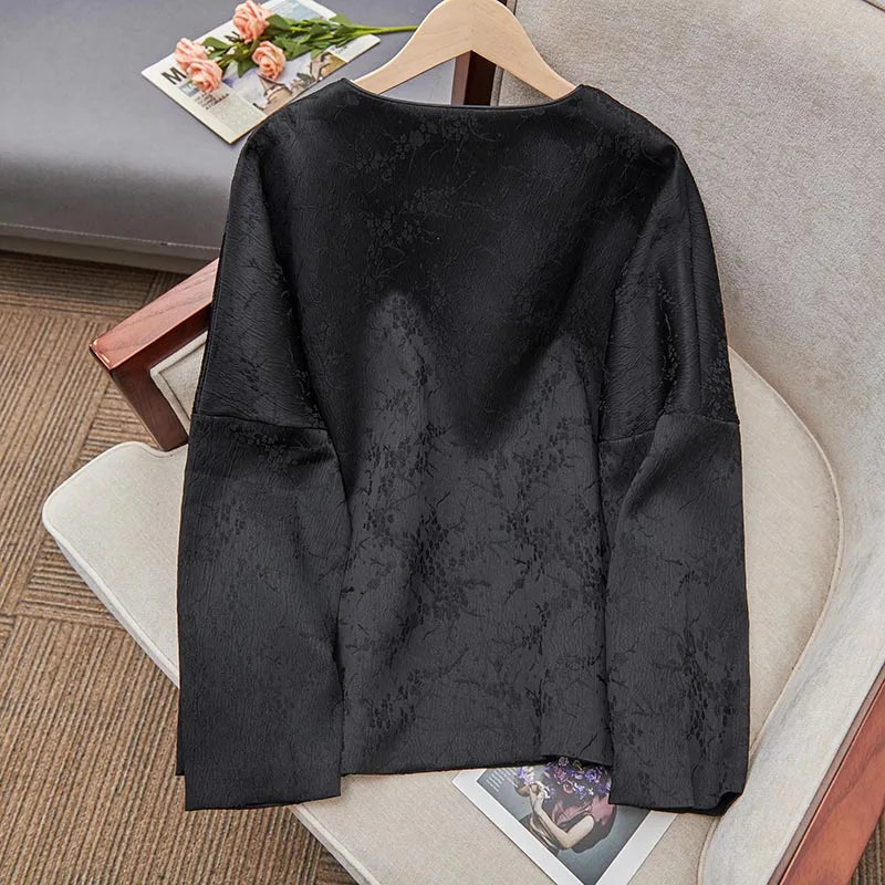 Fashionable Chinese Style Jacquard Shirt Jacket Women's Top Round Neck Long Sleeve Lace-up Buckle Vintage Loose Blouse Coat