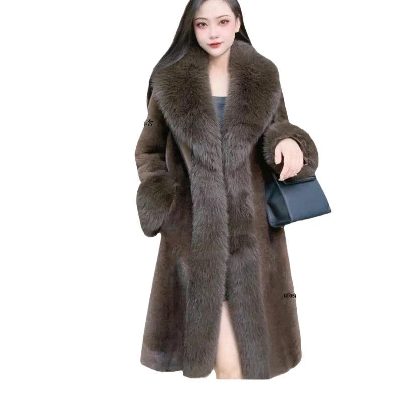 Faux Fur Coats Women Long Coat Thick Warm Turn Down Collar Open Stitch Spring Outerwear Jackets Elegant Splice Autumn Winter