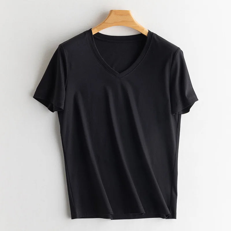 6% Real Silk Cotton Modal Women's T-shirt 2026 Summer Tees Short Sleeve Solid Tee Shirts V-neck Casual Woman Basic T shirt Tops