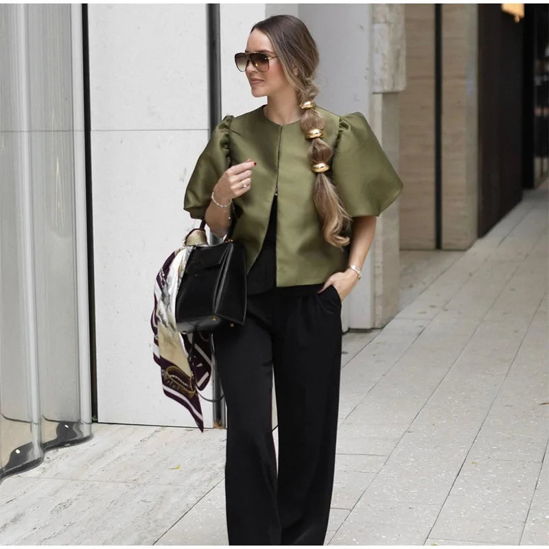 Spring Summer New Women's Fashion Casual Shirt Satin Bubble Sleeves Round Neck Loose Short Top Female Elegant Solid Blouses