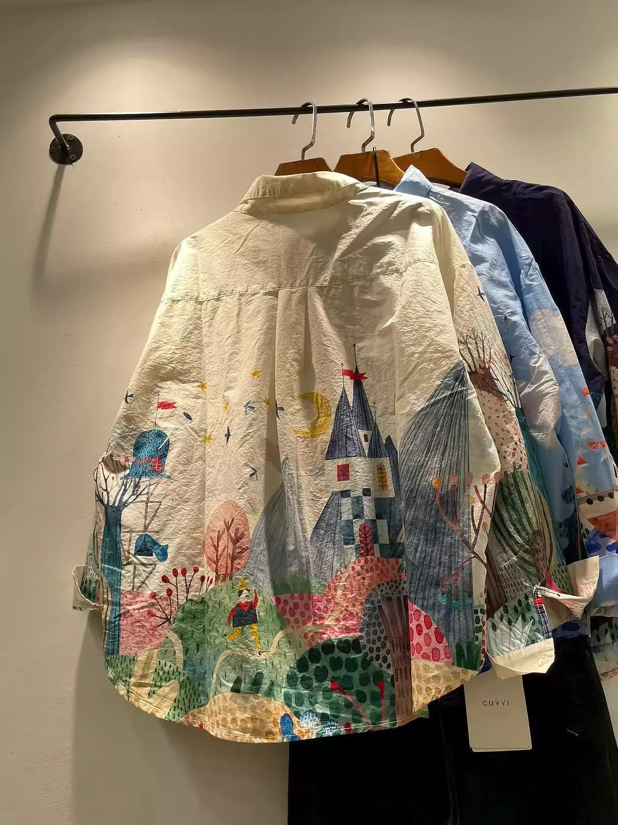 Bust 118cm original design pure cotton oversized shirts for women autumnJapan fashion cartoon print shirts long sleeve blouses