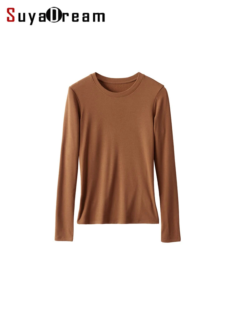 SuyaDream, Women Bottoming T Shirt, Silk Viscose Blend, Long Sleeves, Solid Basic Thermal  Shirt, 2024 Autumn Winter Top
