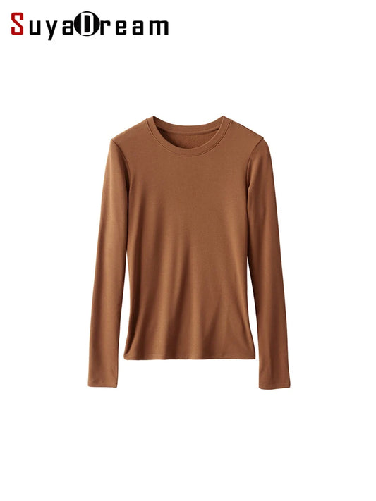 SuyaDream, Women Bottoming T Shirt, Silk Viscose Blend, Long Sleeves, Solid Basic Thermal  Shirt, 2024 Autumn Winter Top