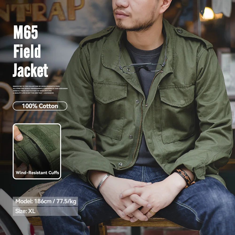 Maden Military M65 Field Jackets For Men's Green Vintage Army Jacket Casual Windbreaker Solid Lapel Collar with Pockets Overcoat