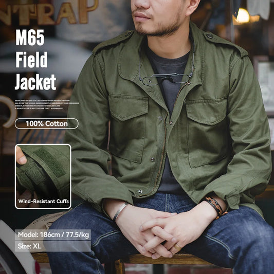 Maden Military M65 Field Jackets For Men's Green Vintage Army Jacket Casual Windbreaker Solid Lapel Collar with Pockets Overcoat