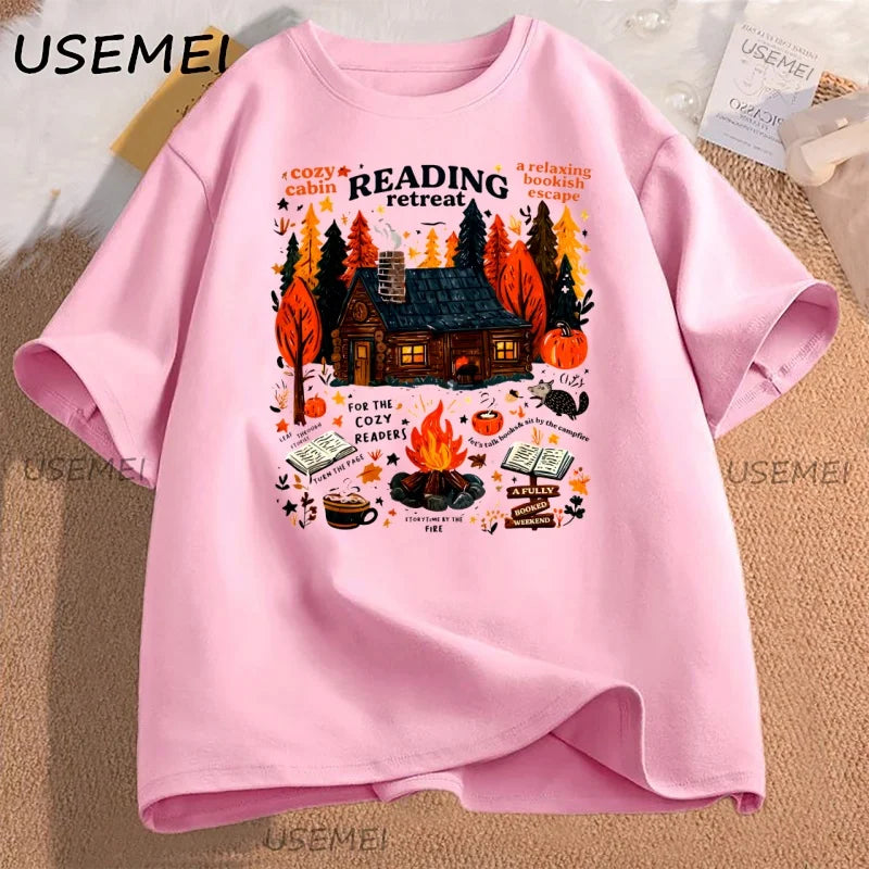 Cozy Cabin Reading Retreat T-shirt Fall Bookish Tshirt Autumn Cozy Readers Pumpkin Spice Book T Shirt Caual Cotton Short Sleeve