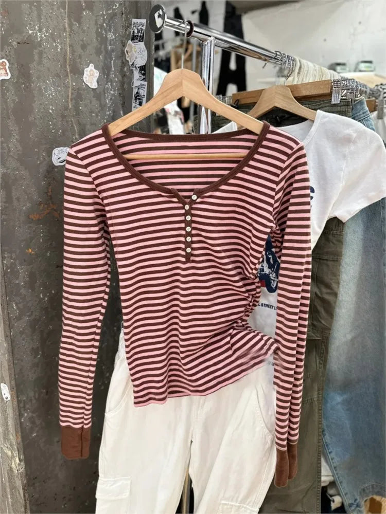 Pink Striped Slim Long Sleeve Tees Women Spring Casual Cotton O-neck Tshirt New Tops Clothes Sweet Cute  Vintage T-shirts Y2K