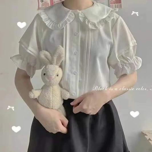 Zoki Japanese Sweet Women Blouses Lolita Style White Kawaii Peter Pan Collar Jk Shirt Cute Preppy Ruffle Puff Short Sleeve Tops