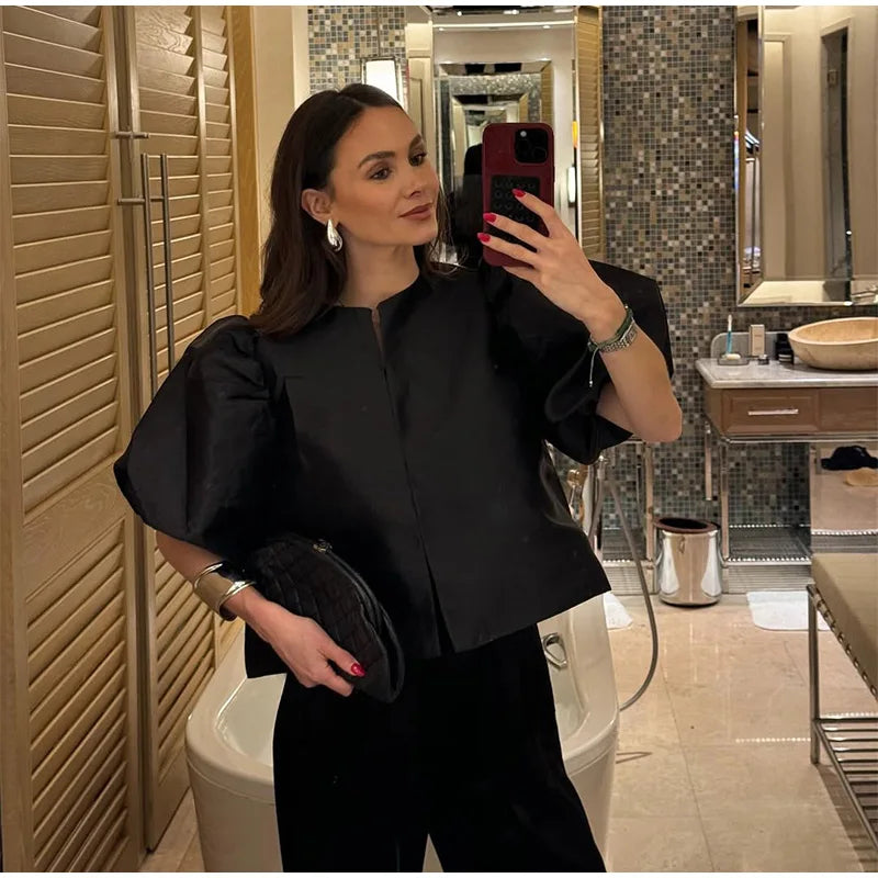 Spring Summer New Women's Fashion Casual Shirt Satin Bubble Sleeves Round Neck Loose Short Top Female Elegant Solid Blouses