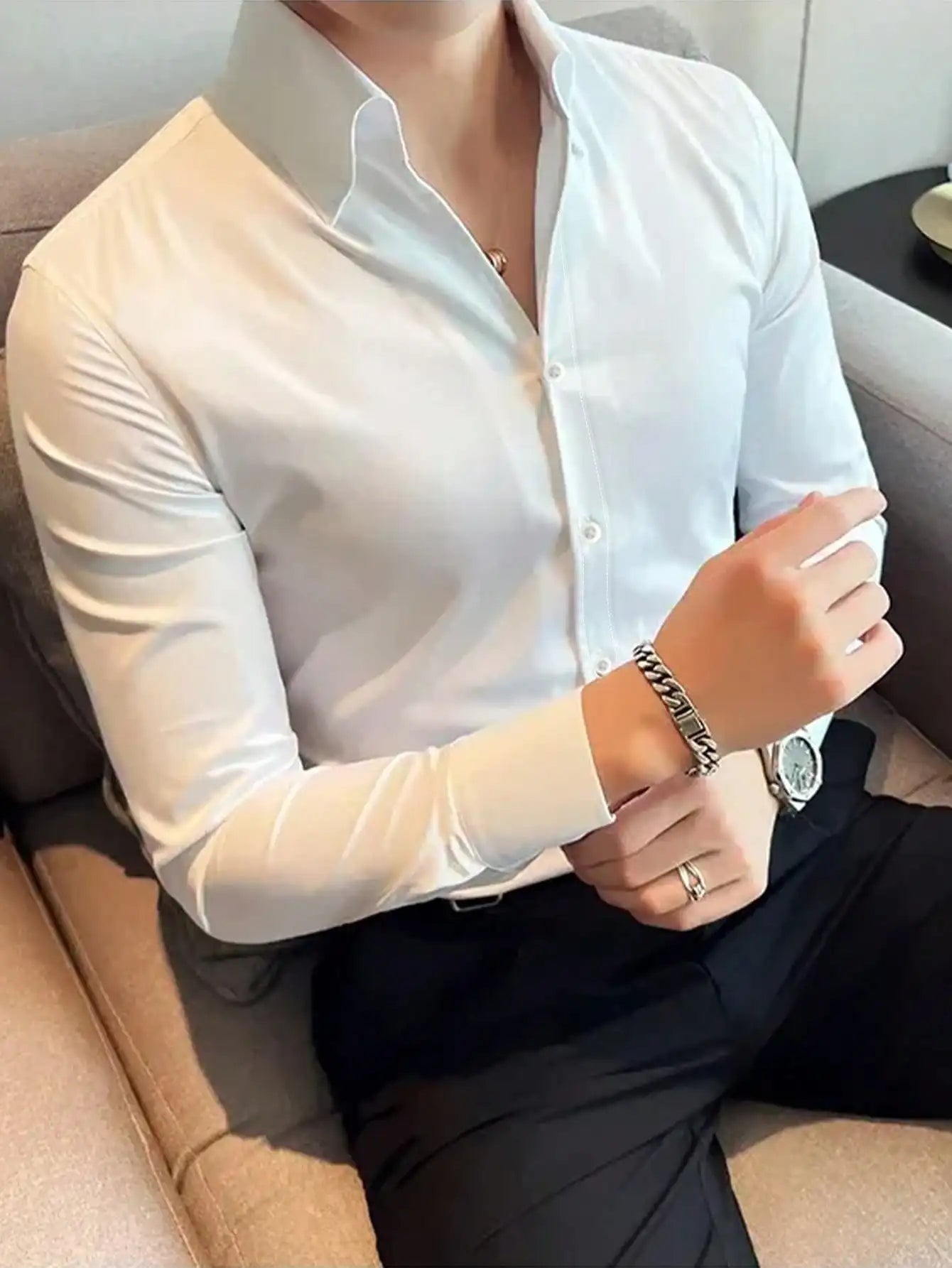 Men's Slim Fit Solid White Long Sleeve Button-Up Shirt for Business Casual Wear