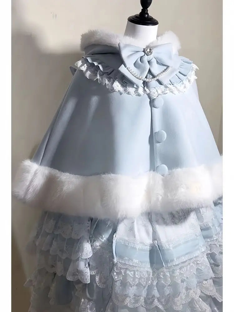 Winter 2025 New Lolita Shawl Overcoat Women Design Bow Hooded Patchwork Kawaii Cope Coat Female Warm Chic Sweet Fur Collar Coat