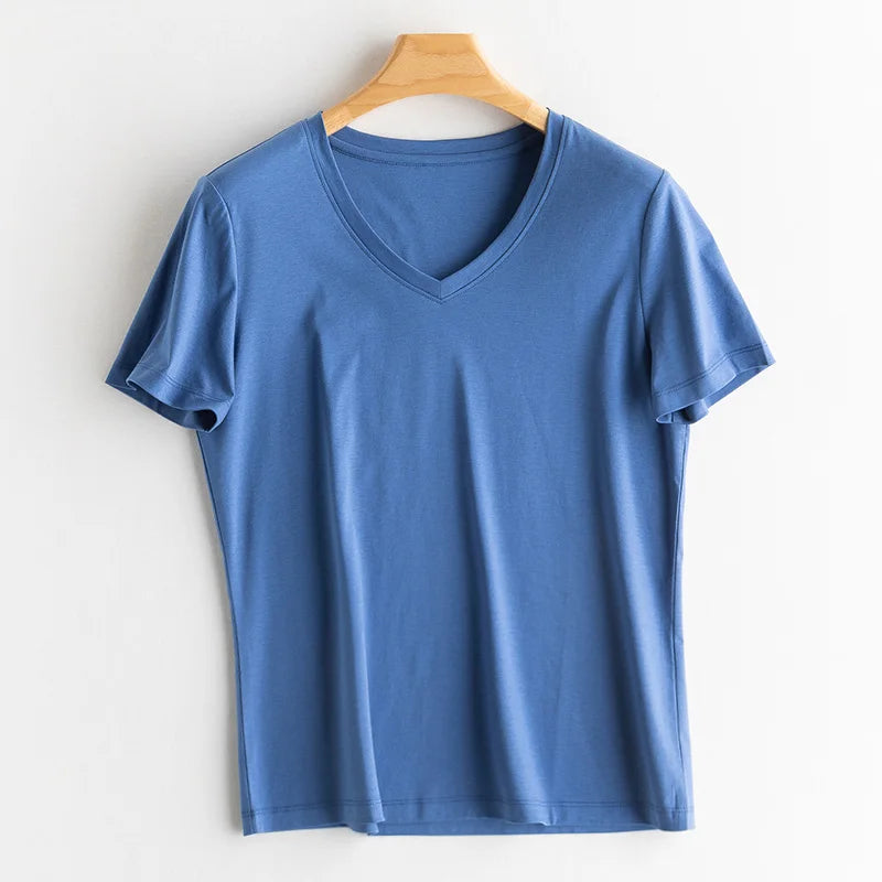 6% Real Silk Cotton Modal Women's T-shirt 2026 Summer Tees Short Sleeve Solid Tee Shirts V-neck Casual Woman Basic T shirt Tops
