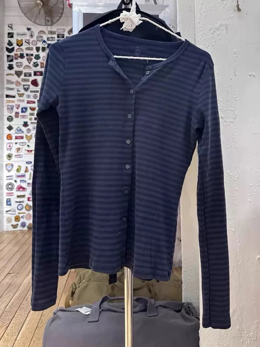 Pink Striped Slim Long Sleeve Tees Women Spring Casual Cotton O-neck Tshirt New Tops Clothes Sweet Cute  Vintage T-shirts Y2K