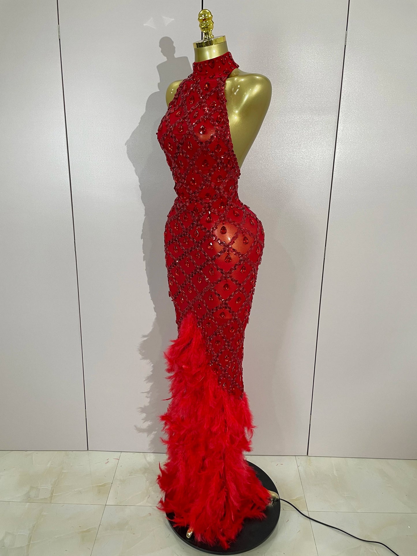Luxury Sparkly Red Rhinestones Feather Sexy Mesh See Through Long Dress Women Birthday Evening Nightclub DJ Dancer Stage Costume