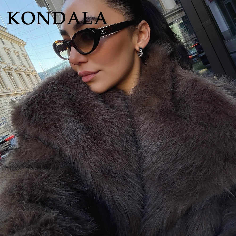 KONDALA 2026 Spring Summer Casual Faux Fur Brown Women Warm Jackets Valentine‘s Day Turn Down Collar Oversized Elegant Coats