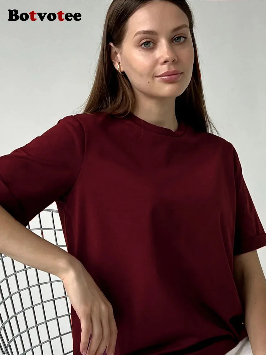 Botvotee 21 Colors Ins Fashion Summer Oversized Basic Soild T Shirts for Women 100% Cotton White Black Pink T-shirt Casual Tops