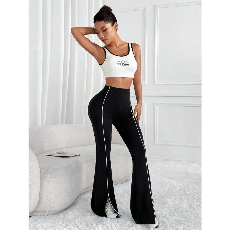 Line splicing simple flared pants for women slim split pants high elasticity hip lifting high waist running fitness yoga pants