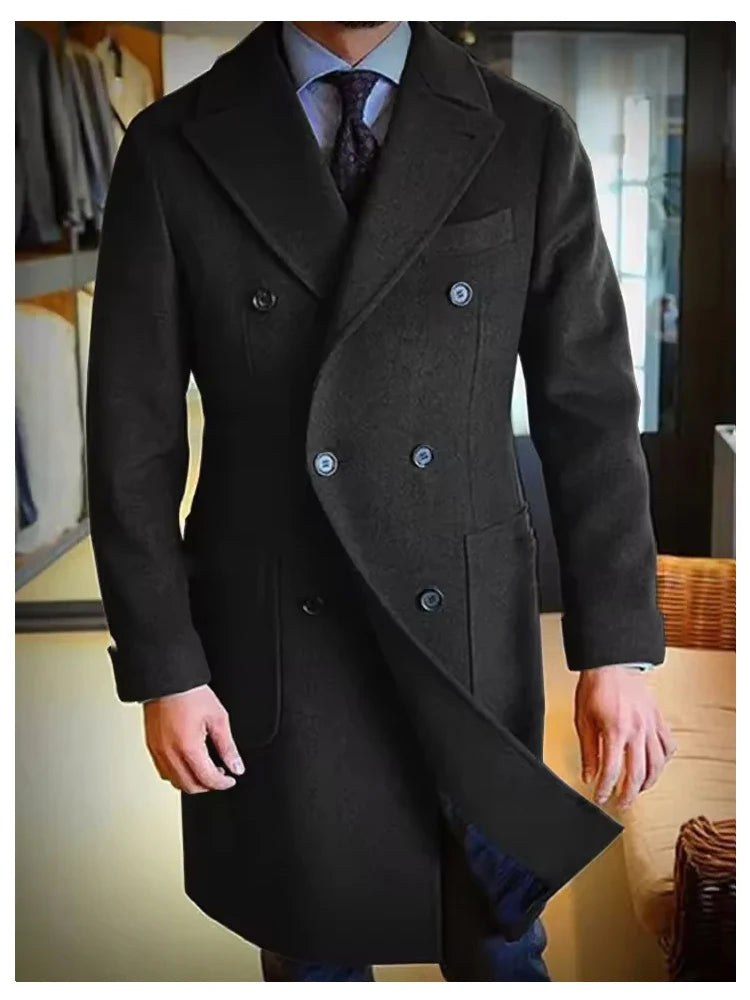Luxury Men's Winter Long Blazer Double Breasted Business Jacket Elegant High Quality Male Elegant Man Long Coat England Style