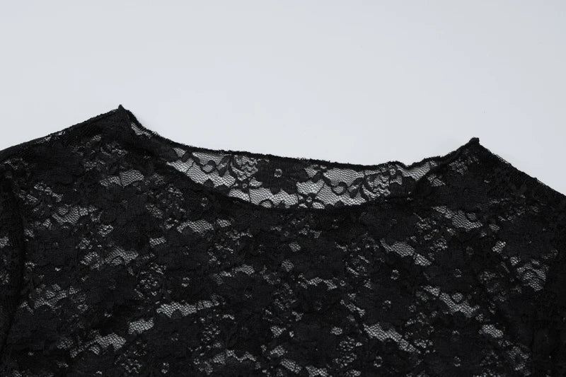 Dulzura Long Sleeves See Through Lace Crop Top Solid Sexy Bodycon T-Shirt For Women Party Club Spring Summer Clothes