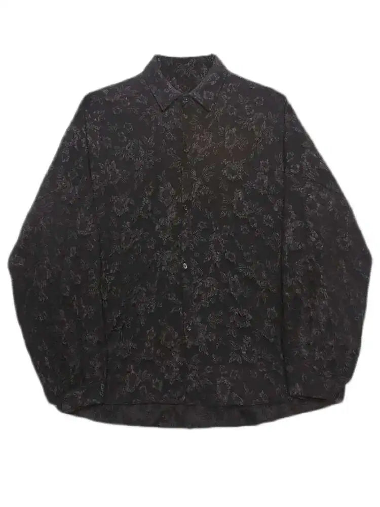 2XL White New Crumpled Jacquard Shirt Loose Fashion Solid Color Casual Turn-down Collar Top New All-match Bat Wing Sleeve P7W