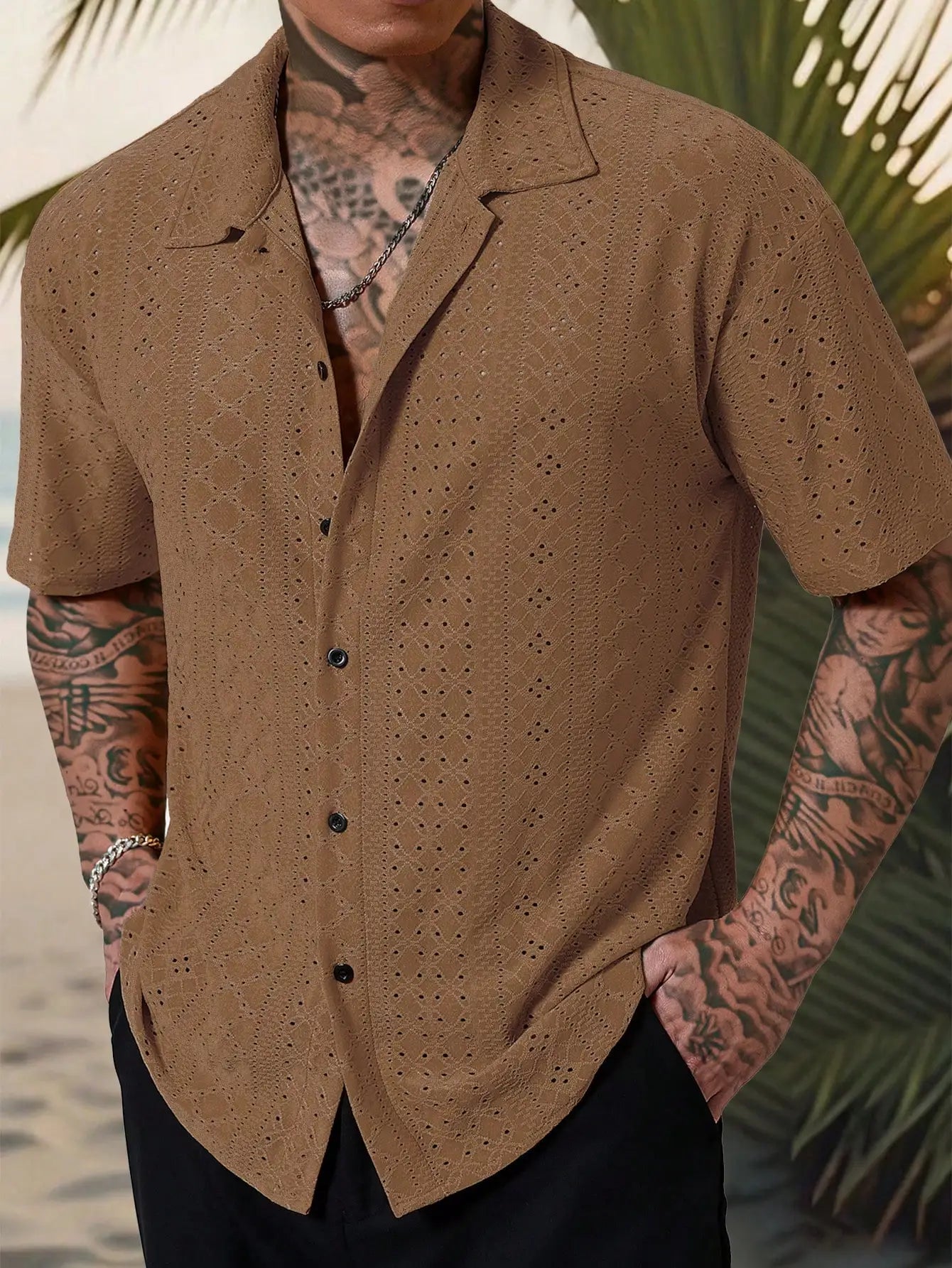 Men's Mustard Yellow Eyelet Lace Short Sleeve Casual Shirt, Loose Fit Button-Down for Beach & Festival