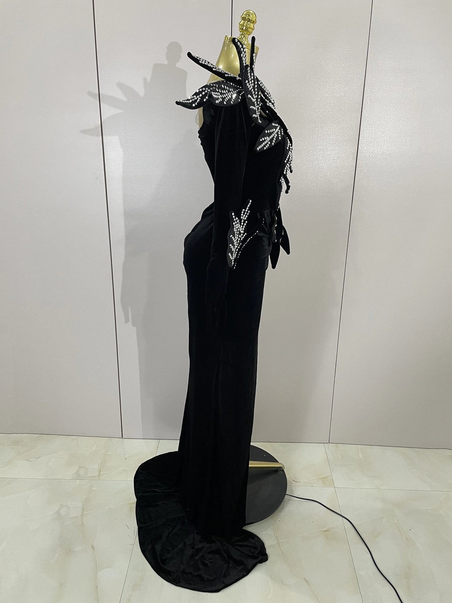 Shiny Diamond Velvet Sexy Side Slit Floor Length Dress With Gloves Women Chic Birthday Banquet Show Host Nightclub Stage Wear