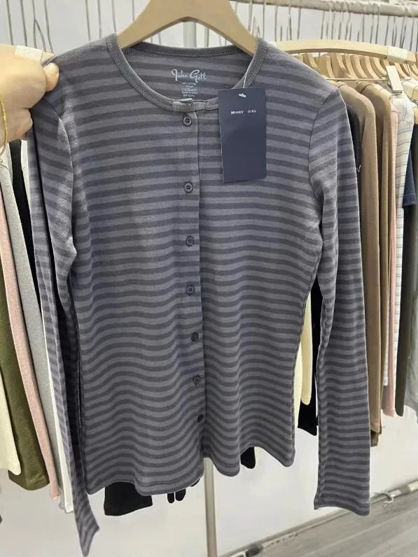 Pink Striped Slim Long Sleeve Tees Women Spring Casual Cotton O-neck Tshirt New Tops Clothes Sweet Cute  Vintage T-shirts Y2K