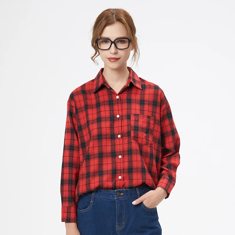 Fresh Flannel Plaid Shirt Women 2025 New Female Blouses and Tops Cotton Loose Long Sleeve Casual Shirts Fine Women's Clothes