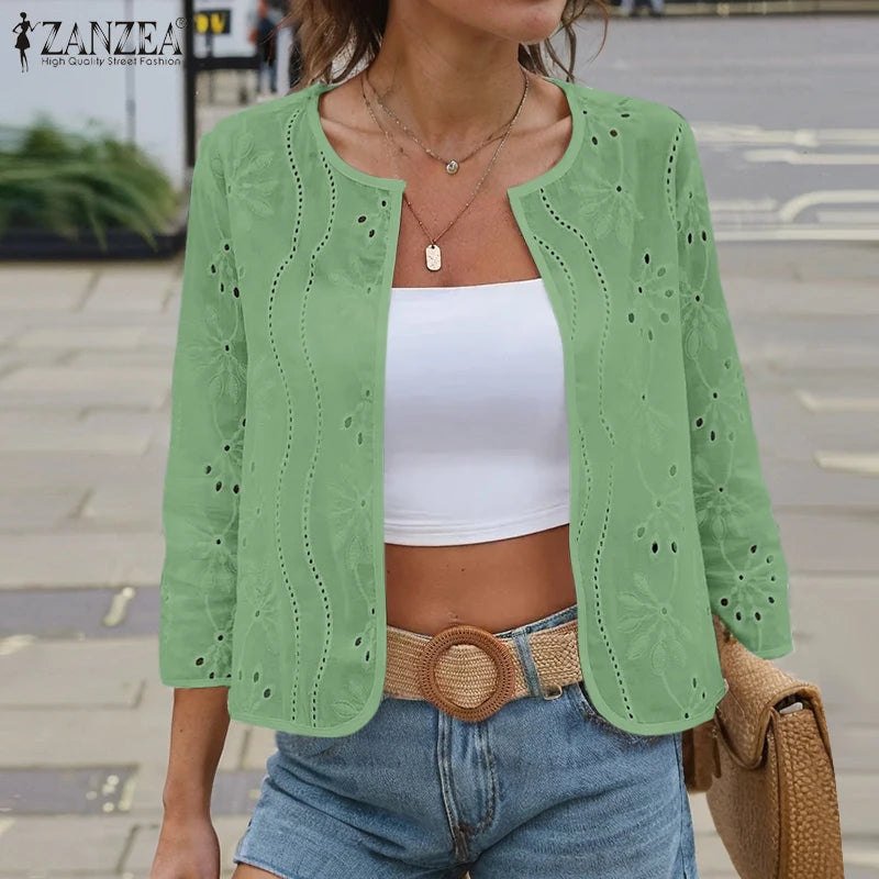 ZANZEA Women Fashion Hollow Out Embroidered Cardigan Shirts Autumn 2025 Elegant 3/4 Sleeve Kimonos Casual Holiday Cover-up Tops