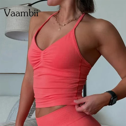 Gym Beautiful Open Back Bra Running Workout Impact Halter Longline Strappy Top Sports Yoga Vest Women's Fitness Tank Top