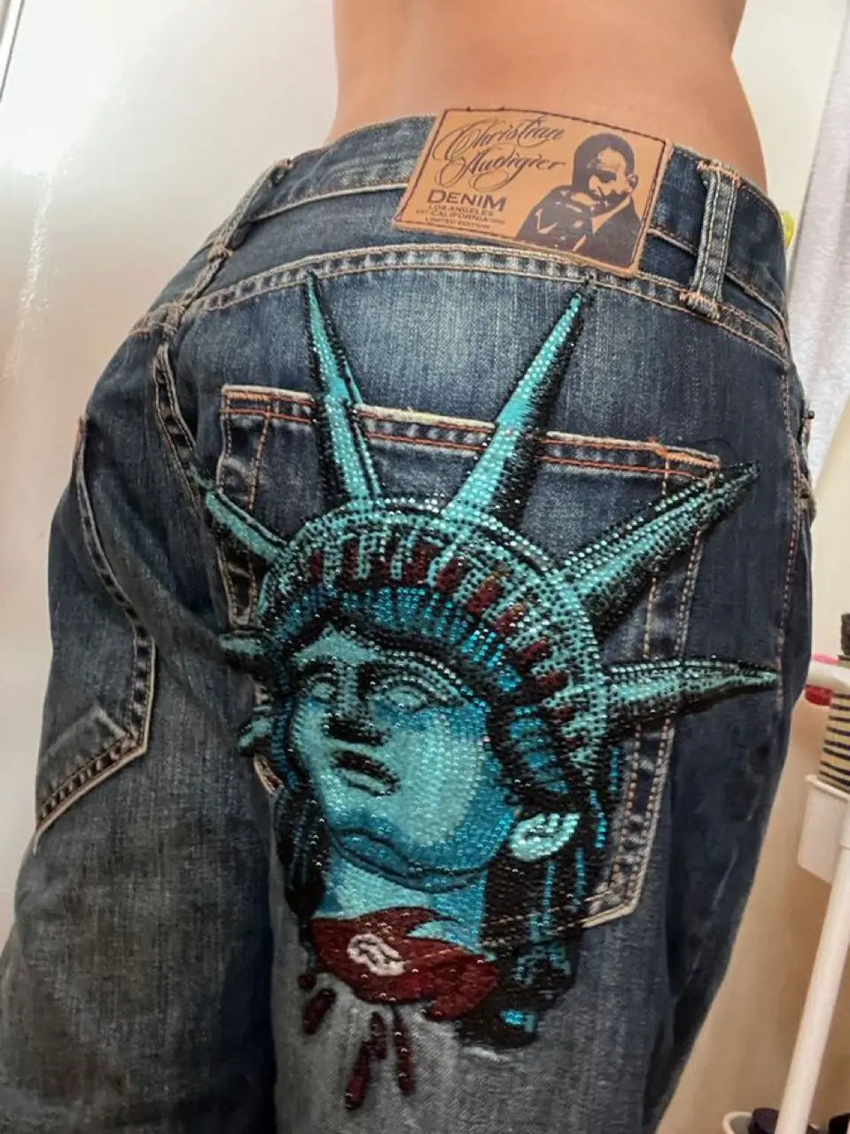 Y2k 2000s Statue of liberty Diamonds Jeans Casual Denim Pants High Waist Straight Wide Leg Jeans Harajuku Vintage Women Clothing
