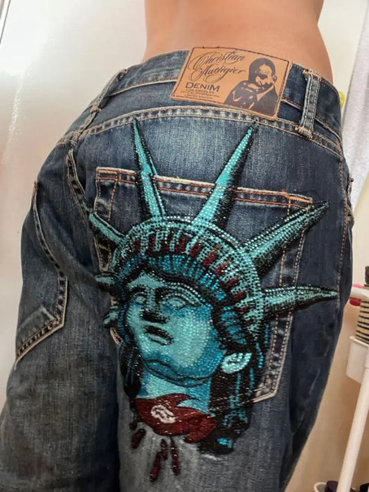 Y2k 2000s Statue of liberty Diamonds Jeans Casual Denim Pants High Waist Straight Wide Leg Jeans Harajuku Vintage Women Clothing