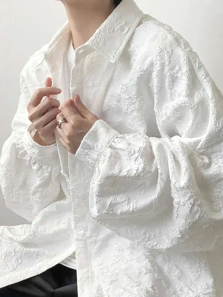 2XL White New Crumpled Jacquard Shirt Loose Fashion Solid Color Casual Turn-down Collar Top New All-match Bat Wing Sleeve P7W