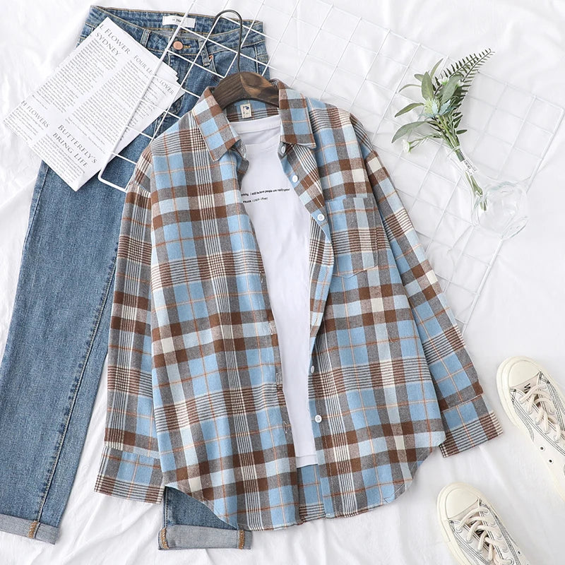 Fresh Flannel Plaid Shirt Women 2025 New Female Blouses and Tops Cotton Loose Long Sleeve Casual Shirts Fine Women's Clothes