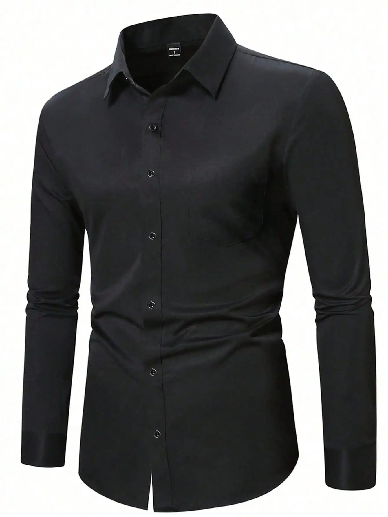 Men's Slim Fit Plain White Long Sleeve Button Up Shirt with Chest Pocket for Business or Casual Wear