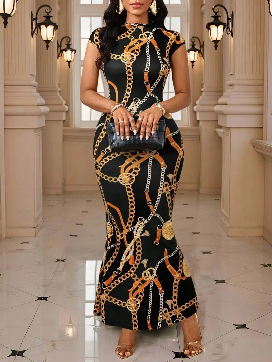 Elegant Chain Print Bodycon Fishtail Dress with Round Neck for Party & Evening Wear