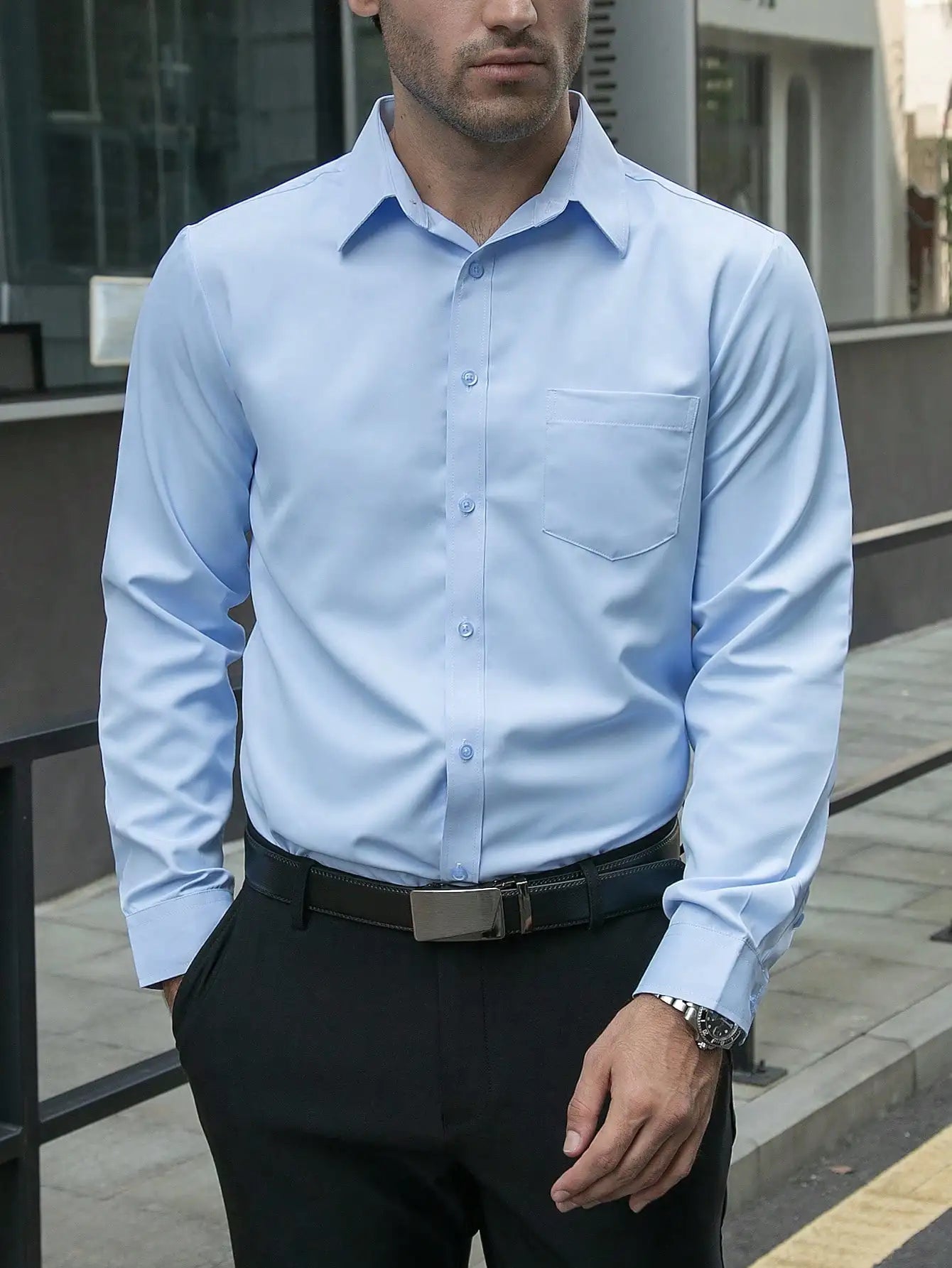 Men's Slim Fit Plain White Long Sleeve Button Up Shirt with Chest Pocket for Business or Casual Wear