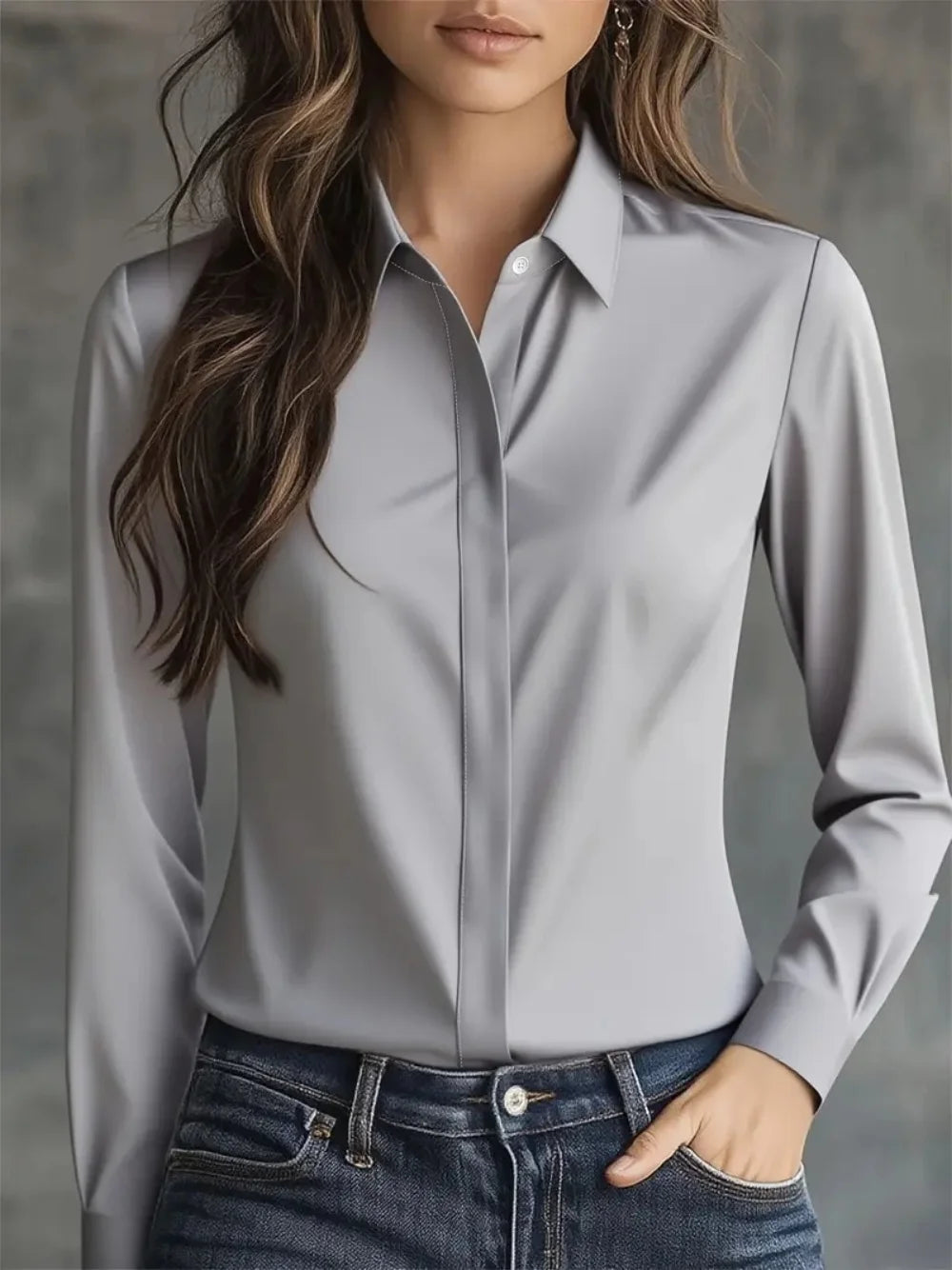Autumn solid colour long-sleeved versatile shirt lapel satin shirt women