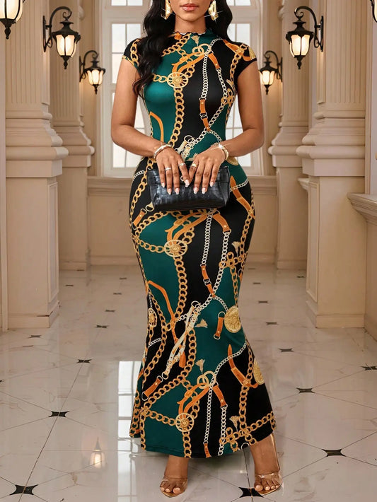 Elegant Chain Print Bodycon Fishtail Dress with Round Neck for Party & Evening Wear