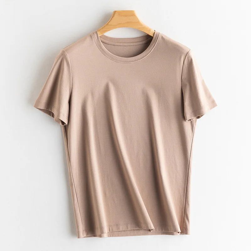 6% Real Silk Cotton Modal Women's T-shirt 2026 Summer Tees Short Sleeve Solid Tee Shirts V-neck Casual Woman Basic T shirt Tops