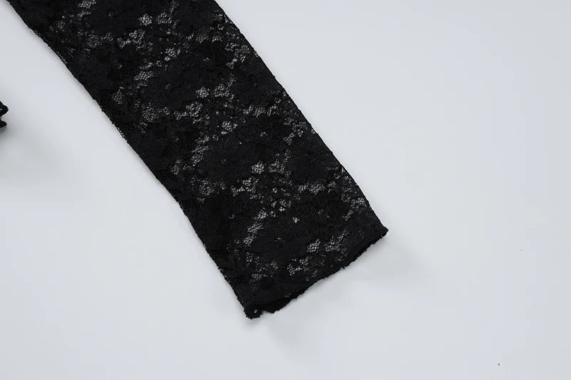 Dulzura Long Sleeves See Through Lace Crop Top Solid Sexy Bodycon T-Shirt For Women Party Club Spring Summer Clothes