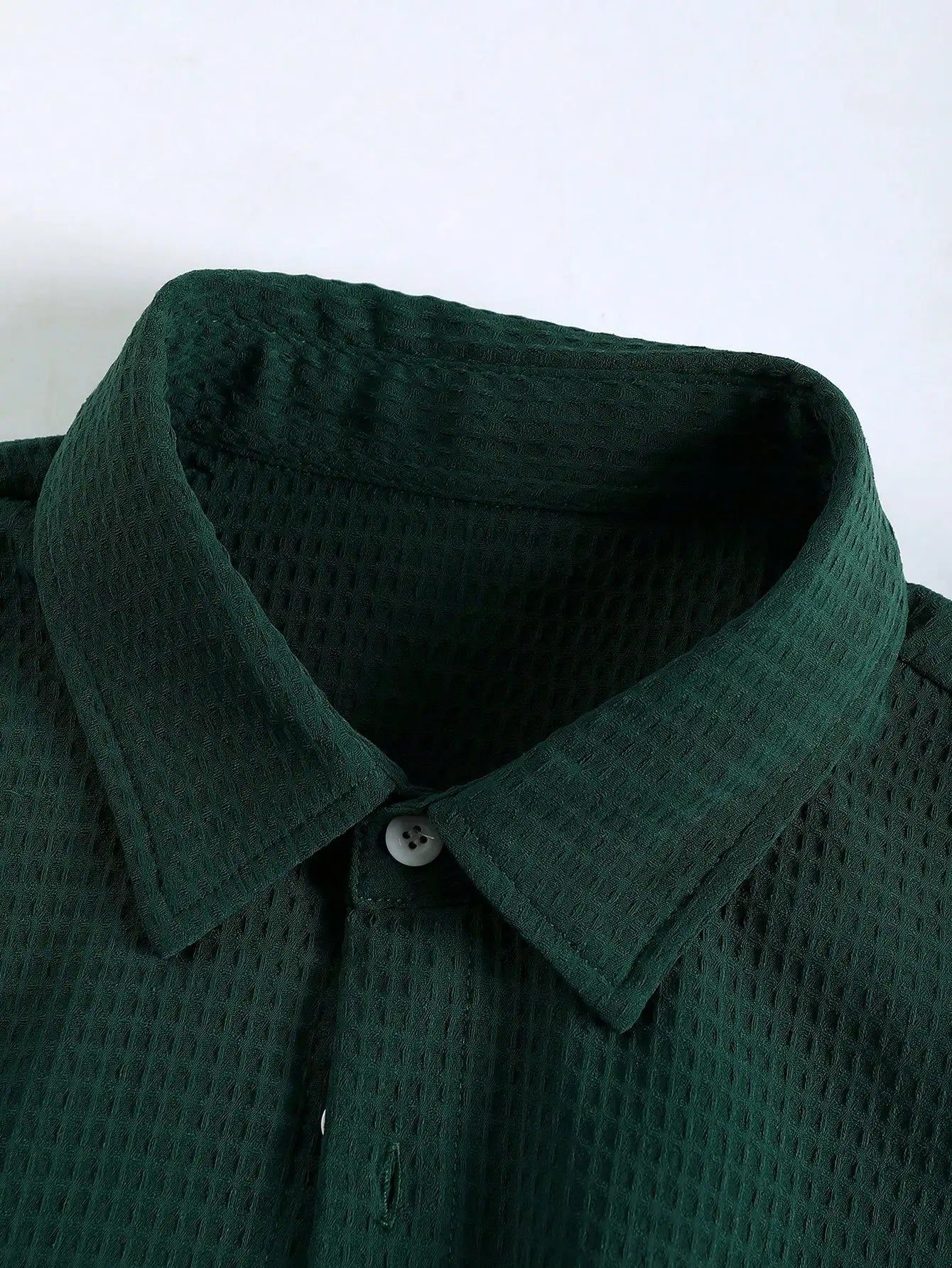 Men's Dark Green Waffle Knit Short Sleeve Button-Down Shirt Casual Spring Summer