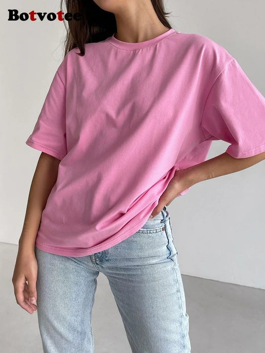 Botvotee 21 Colors Ins Fashion Summer Oversized Basic Soild T Shirts for Women 100% Cotton White Black Pink T-shirt Casual Tops