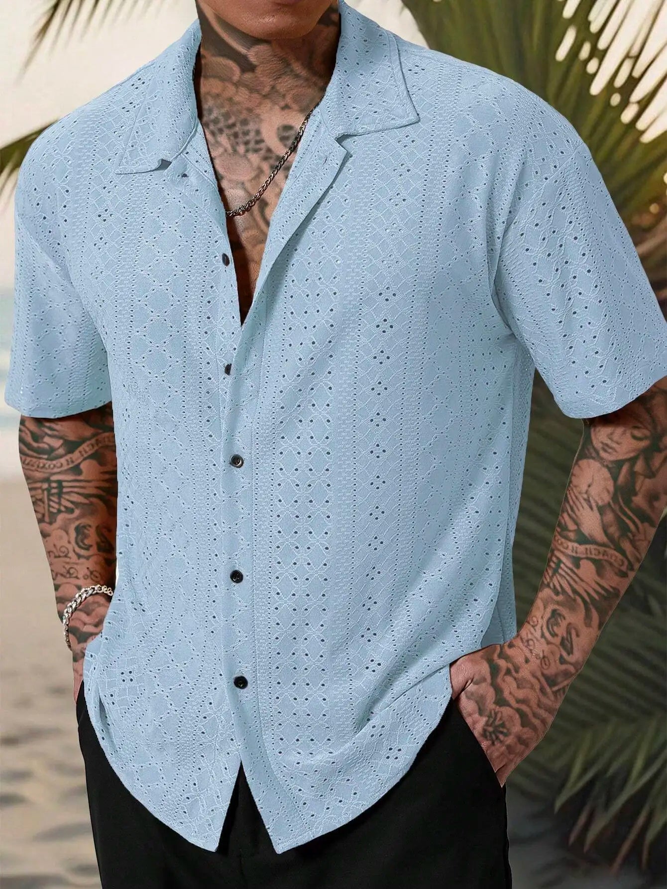 Men's Mustard Yellow Eyelet Lace Short Sleeve Casual Shirt, Loose Fit Button-Down for Beach & Festival