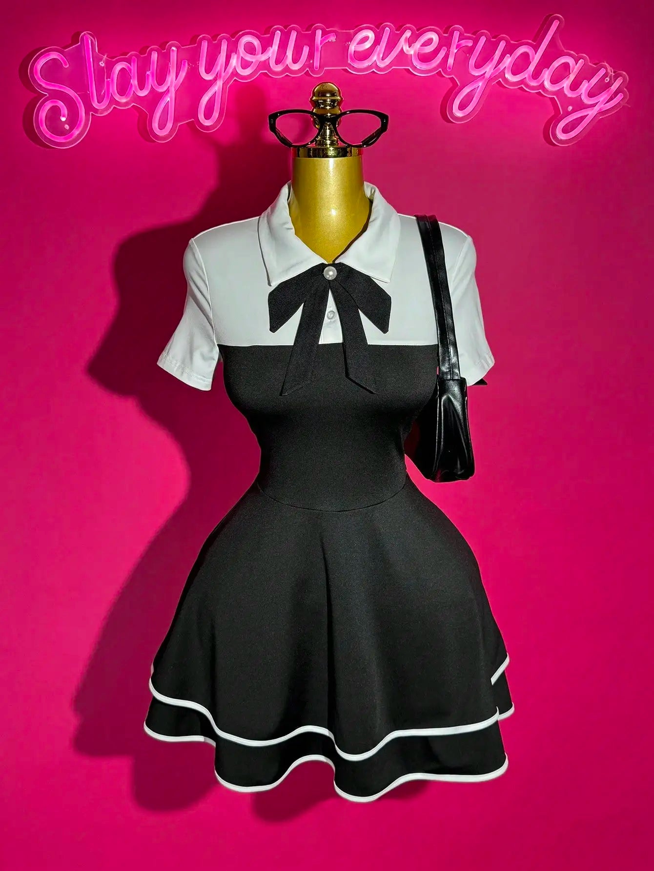 Polo Collar Bowknot Color Block Mini Dress with Ruffle Hem, A-Line Fit for Casual Date Party