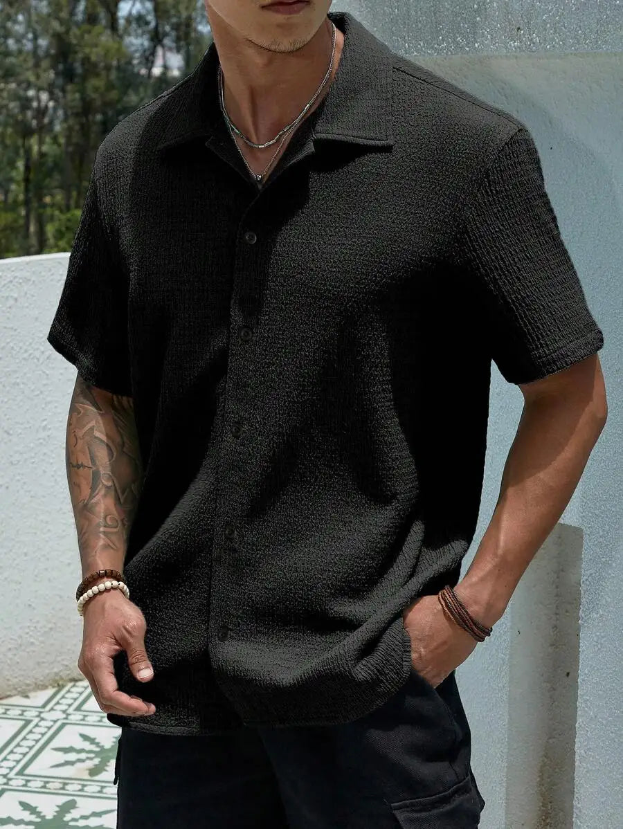 Men's Textured Knit Short Sleeve Button-Front Shirt, Loose Fit, Resort Casual Style