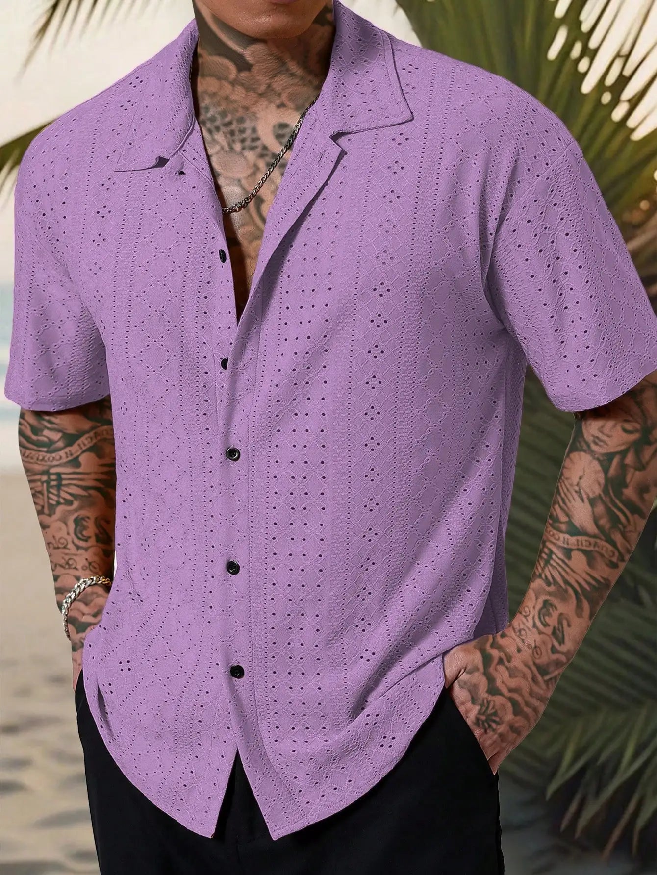 Men's Mustard Yellow Eyelet Lace Short Sleeve Casual Shirt, Loose Fit Button-Down for Beach & Festival