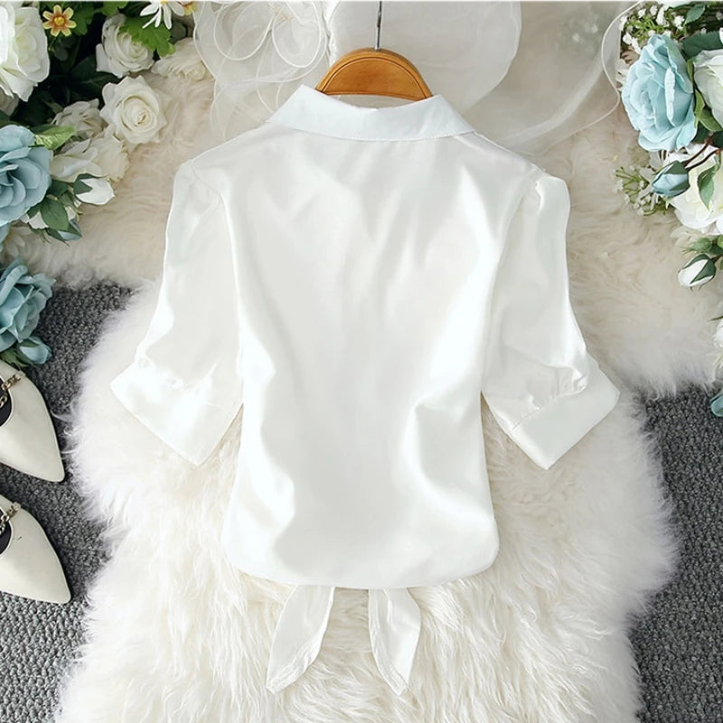2023 Fashion Solid Color White Women Shirt Casual Blouses Autumn Half Sleeve Elegant Office Lady Tops 19870
